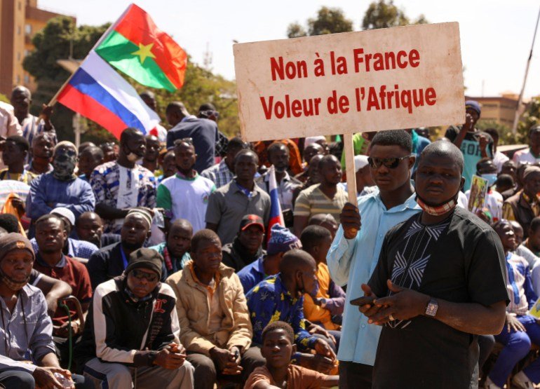 People come together to show their support for the new military chief of Burkina Faso Ibrahim Traore and demand the departure of the French ambassador to Ouagadougou