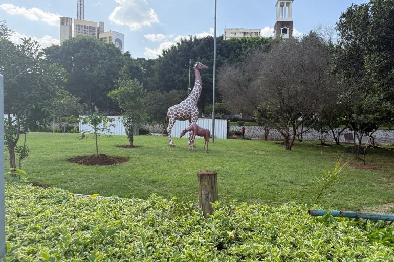A model for a giraffe in a garden inside the government complex in the center of Nairobi